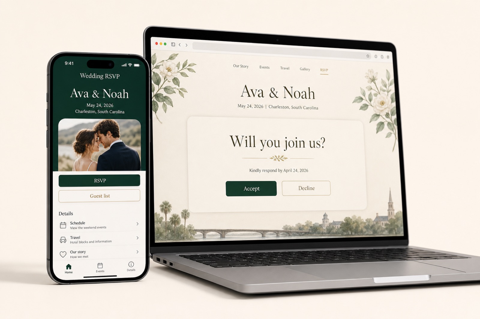 App companion Wedding RSVP en un teléfono junto a un portátil con el sitio RSVP