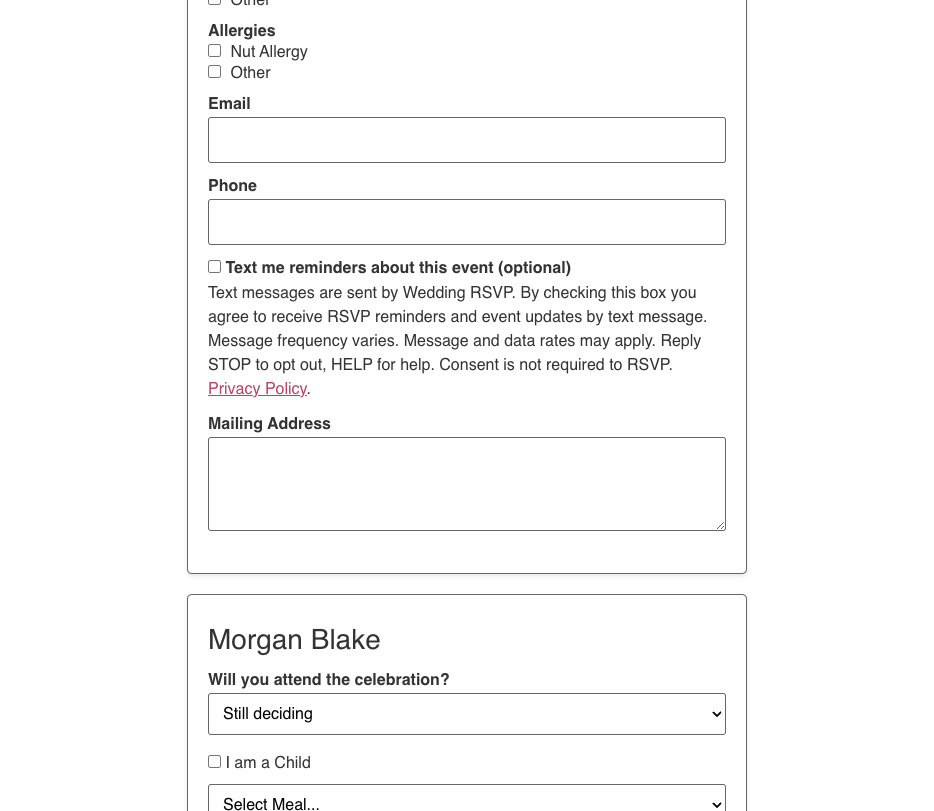 Guest RSVP form showing an empty phone field, an unchecked SMS consent checkbox, and the full consent disclosure with a privacy policy link.